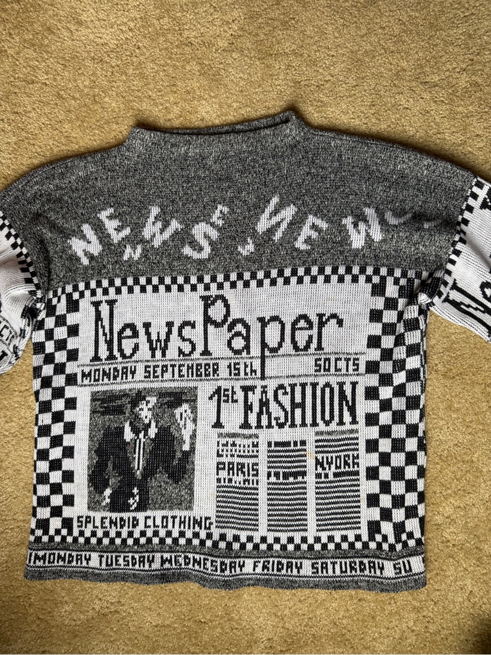 Black & White Graphic Crewneck Newsprint Sweater - Picture 3 of 7